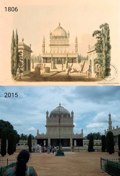 Gumbaz, Tomb of Haider Ali and Tipu Sultan. Srirangapatna, India. Built 1782-1784. 1806 Aquatint by Captain Charles Gold and photo from 2015. : r/OldPhotosInRealLife