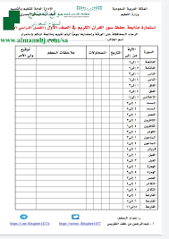 استمارة متابعة حفظ سور القرآن الكريم للفصلين الصف الأول القرآن الكريم الفصل الأول المناهج السعودية