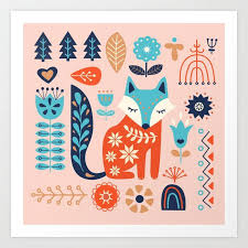 Painting Scandinavian Scandi Fox Animal Forest Woods Trees Floral Flower Pattern Tulip Folk Art Tribal Decorated Ra Metal Art Prints Canvas Art Prints Folk Art