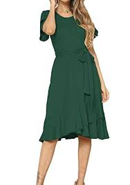 Women Casual Flowy Ruffle Knee Midi Length Work Dress Green L In 2020 Flowy Midi Dress Midi Short Sleeve Dress Dresses For Work