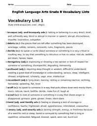 Brusquely definition, in a rough or blunt way; 8th Grade Vocabulary Lists Packet 16 Vocabulary Lists 160 Words