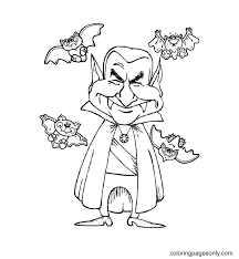 Halloween has pumpkins, ghosts, skeletons, witches, or other scary things, and vampires are also indispensable characters in halloween. Smiling Vampire With Four Bats Coloring Pages Halloween Bats Coloring Pages Coloring Pages For Kids And Adults