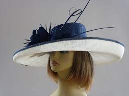 Navy Ivory Sinamay Wedding Hat Blue And White Hats Feather Headpiece Wedding Hats