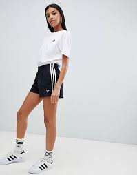 Black And White Striped Shorts Womens Adidas Originals Three Stripe Shorts In Black Adidas Shorts Women Shorts Outfits Women Striped Shorts Outfit