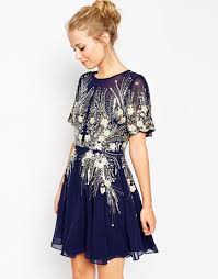 Asos Gold And Navy Sparkle Mesh Skater Dress At Asos Com Fashion Pretty Dresses Mesh Skater Dress
