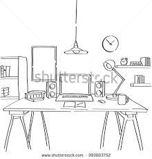 Hand Drawn Sketch Of Modern Workspace With Work Table Lamp Clock And Picture On A Wall Works In 2021 Interior Design Sketchbook How To Draw Hands Space Illustration