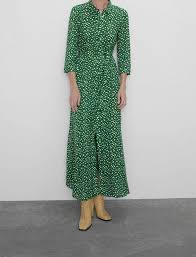 Zara Printed Dress Green White Spots Belt Shirt Style Maxi Xs Xl Zara Maxidressshirtdress