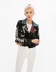 Graffiti Faux Leather Biker Jacket With Studs New Bershka United Kingdom Faux Leather Biker Jacket Leather Jackets Women Fashion