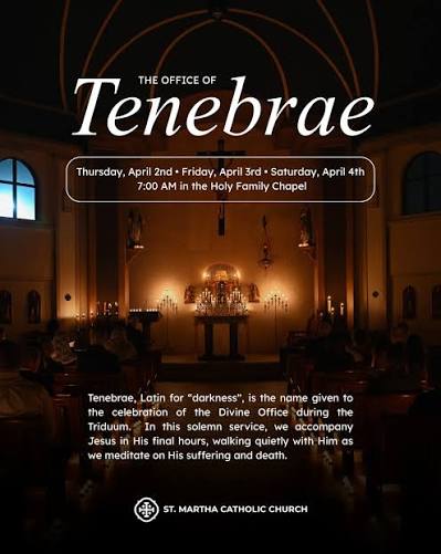 Join us for Tenebrae on Holy Thursday, Good Friday, and Holy Saturday. 🖤  Father Carlos offers us a reflection on the meaning and beauty of this  ancient liturgy: "Tenebrae, Latin for darkness,