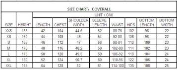 European Coverall Size Chart 2019