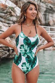 Tropical Leaves Lace Up One Piece Swimsuit Swimsuits For Teens One Piece Swimsuit Leaves Swimsuit