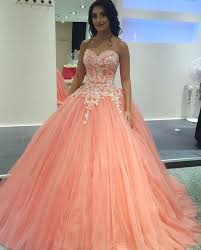 Vintage Coral Prom Dress Puffy Ball Gown Sparkly Appliqued Bodice Dropped Tulle Prom Dresses Girls Princess Evening Party Gowns Dress Quinceanera Dresses Coral Coral Prom Dress Pretty Prom Dresses