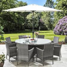 8 Seater Rattan Round Dining Set With Parasol Rattan Garden Furnitur Laura James In 2020 Rattan Garden Furniture Grey Rattan Garden Furniture Garden Furniture