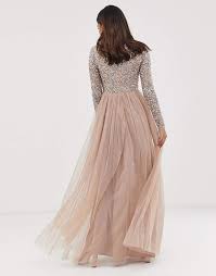 Maya Bridesmaid Long Sleeve Maxi Tulle Dress With Tonal Delicate Sequins In Taupe Blush Sponsored Tulle Dress Blush Bridesmaid Dresses Long Bridesmaid Dresses