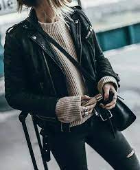 Black Leather Moto Jacket Tan Beige Ribbed Sweater Black Distressed Jeans Cute Fall Outfit In Moto Jacket Street Style Leather Jacket Outfits Jacket Outfits