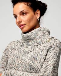 White House Black Market wool gray cream zip neck marled poncho sweater  size M/L