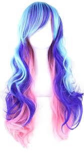 Amazon Com Topwigy Cosplay Wigs Rainbow Long Costume Curly Wave Ombre Colorful Hair Mermaid Wigs With Bangs Unicorn Bright Blue Wigs 32 Multi Color Beauty