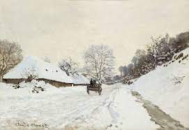 Claude monet's snow scene at argenteuil: A Cart On The Snowy Road At Honfleur 1865 By Claude Monet