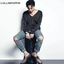 Men Distressed Knee Holed Jeans Vintage Enzyme Washed Male Ripped Denim Pants Slim Fit Korean Fashion Kpop G Dragon Fashion Korean Fashion Kpop Korean Fashion