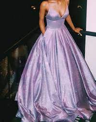Sparkly V Neck Spaghetti Straps Lavender Satin Long Prom Dresses With Pockets Pd1916001 Pretty Prom Dresses Ball Gowns Purple Prom Dress