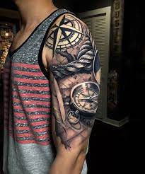 Compass, quill & telescope world map. Map Compass Upper Arm Tattoo