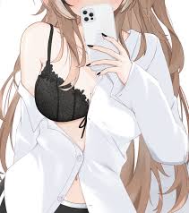 narukahana, nanashi mumei, hololive, hololive english, highres, 1girl,  alternate costume, black bra, black nails, blush, bra, breasts, brown hair,  cellphone, cleavage, fingernails, head out of frame, holding, holding  phone, long hair, medium breasts ...