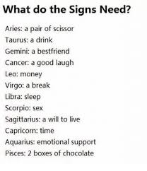 The water element in cancer makes her more adaptable to situations, ever flowing and swerving in her essence. What Do The Signs Need Aries A Pair Of Scissor Taurus A Drink Gemini A Bestfriend Cancer A Good Laugh Leo Money Virgo A Break Libra Sleep Scorpio Sex Sagittaius A Will