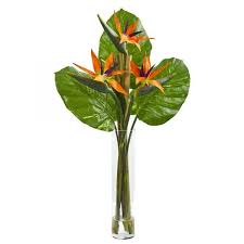 Bird Of Paradise Flower Arrangement Vase 38 H Faux Bird Of Paradise Arrangement In Cylinder Vase Artificial Birds White Flower Arrangements Birds Of Paradise Flower