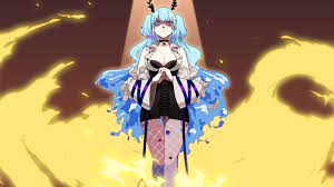 taho (tamagotaho), tsunderia, absurdres, commentary, english commentary,  highres, 1girl, angry, antennae, black choker, black dress, blue eyes, blue  hair, breasts, choker, cleavage, clenched hand, collarbone, collared shirt,  detached sleeves, dress 