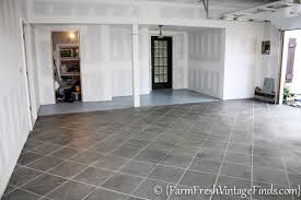 How To Stain Your Concrete Garage Floor On A Budget And Make It Look Like Tile Farm Fresh Vintage Finds Garage Decor Garage Floor Farm Fresh Vintage Finds
