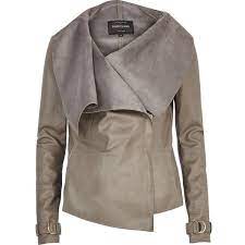 River Island Grey Leather Look Waterfall Jacket 43 Liked On Polyvore Featuring Outerwear Jacket Leather Jacket Leather Look Jackets Leather Jackets Women