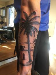 Floridian Palm Tree With Sunset And Surfboard In The Sand Beach Tattoo Sunset Tattoos Small Beach Tattoos