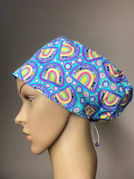 Aqua Rainbow Print Scrub Cap: Australian Made Toggle Tie Hat
