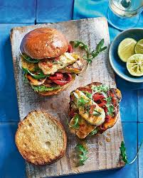 Halloumi And Sweet Potato Burgers Delicious Magazine Recipe Vegetarian Burger Recipe Sweet Potato Burgers Savoury Food