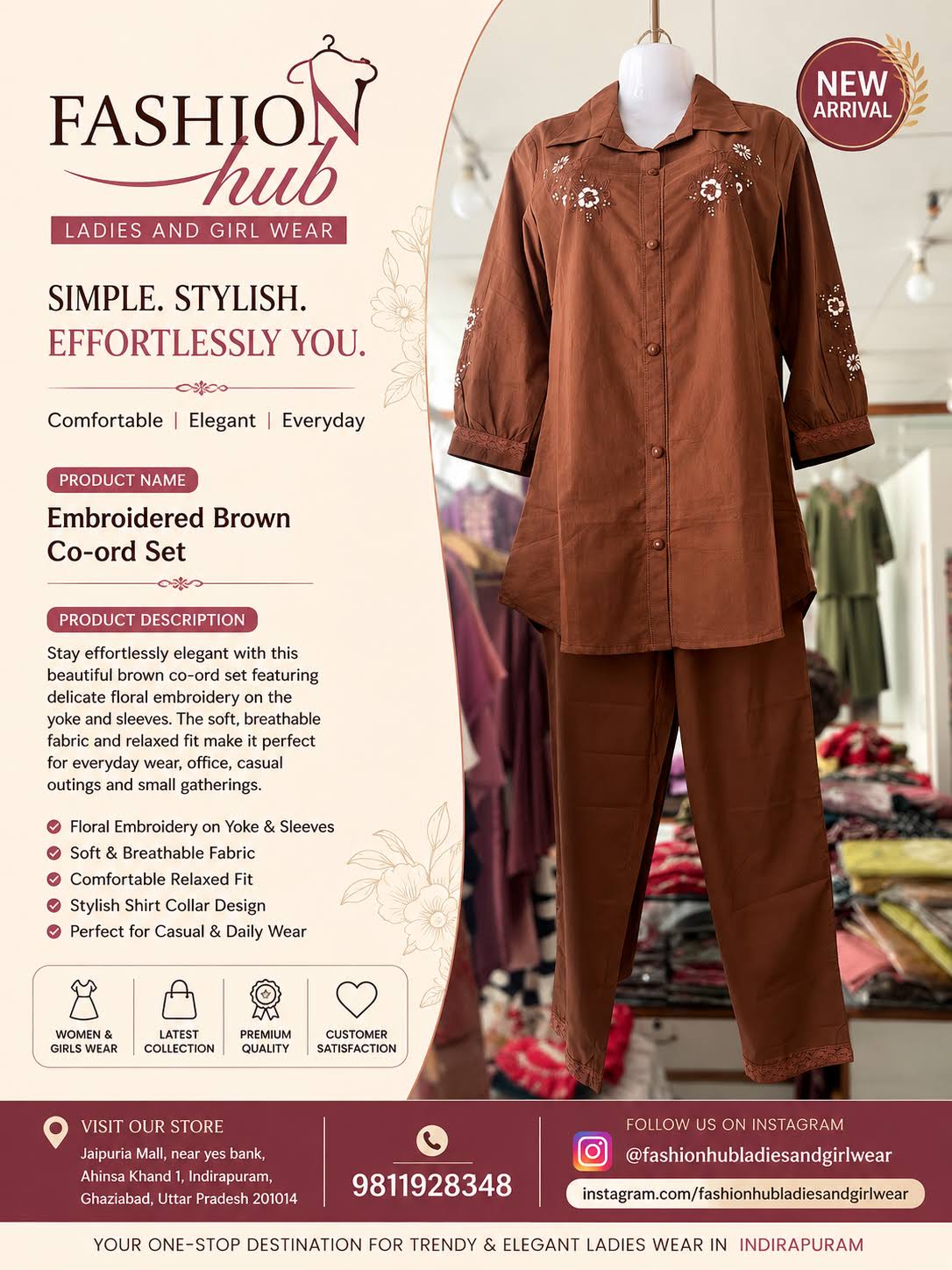 Brown Floral Embroidered Shirt & Pant Co-ord Set product image