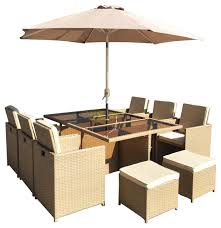 Wicker patio dining set with umbrella. Sanora Patio Dining Cube With Cushions And Umbrella 12 Piece Set Tropical Outdoor Dining Sets By Signature Rattan Houzz