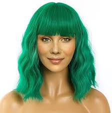 Green Wig for Women Short Bob Wigs with Bangs Natural Synthetic Green Wig  Shoulder Length Colorful Wigs for Daily PartyUse(12inch,Green)