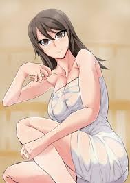 mika (girls und panzer), girls und panzer, 1girl, bare shoulders, breasts,  brown eyes, brown hair, closed mouth, from side, hand on own leg, large  breasts, long hair, looking at viewer, naked towel,