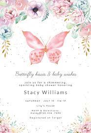 Pink Glitter Butterfly Baby Shower Invitation Template Free Greetings Island Butterfly Baby Shower Invitations Butterfly Baby Shower Baby Shower Invitation Templates