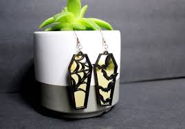 Gothic Coffin Web and Bat Dangle Earrings