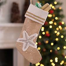 Not available for pickup and same day delivery. Coastal Starfish Burlap Christmas Stocking Kirklands