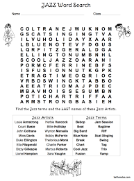 Worksheet is complete with title, instructions, grid, and answer sheet with hints for the teacher. Jazz Word Search Musicquotes Jazz Music Quotes Music Curriculum Music Lessons For Kids Word Find