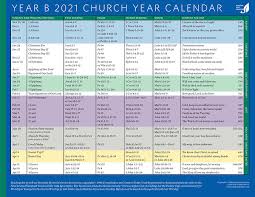 In the liturgical calendar, the color for each day corresponds to that day's main liturgical celebration, even though the four main colors shown are: Church Year Calendar 2021 Year B Cokesbury
