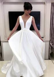 A Line Plunge Neck Floor Length Satin Wedding Dresses Wedding Dresses Satin Wedding Dresses 2nd Wedding Dresses