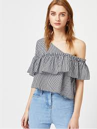 Black And White Checkered Off The Shoulder Top Shop Asymmetric Off Shoulder Frill Trim Checkered Top Online Shein Offers Asymmetric Off Shoulder Frill Trim Fashion Blouses For Women Black And White Shorts