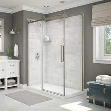 Maax Shower Stalls Enclosure Utile 60 In Corner Shower In Carrara Marble With Base And Door Corner Shower Shower Stall Enclosures Bathroom Decor
