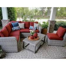 Leisure Made Forsyth 5 Piece Wicker Outdoor Sectional Set With Red Cushions 299231 Red The Home Depot Patio Furniture Sets Outdoor Sectional Sofa Outdoor Furniture Sets