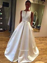 Satin ball gown wedding dress with pockets. Vintage Ball Gown Scoop Neck Open Back White Satin Long Wedding Dresses With Pockets Satin Wedding Gown Wedding Dresses Wedding Dresses Satin