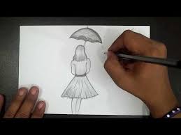 At the center of the 3's lower half, draw a curved and jagged line to indicate the leg, ending with a tiny foot that attaches to the number's right side. Drawing A Girl With Umbrella How To Draw A Girl With Umbrella Pencil Drawing Pencil Sketch Youtu Pencil Sketch Drawing Pencil Sketch Pencil Drawings