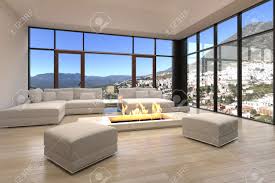 Large window ideas for living room. Central Open Fireplace Design On Elegant Living Room With Large Window Styles For Overlooking Outside View Stock Photo Picture And Royalty Free Image Image 32892668